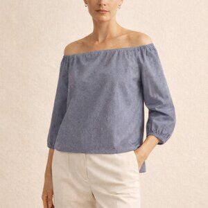 Theory Laureema Off Shoulder Striped Blouse Blue White Built-In Bra Size 10